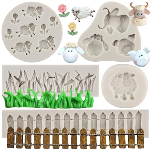 MYPRACS Farm Animal Cow Pig Sheep Head Silicone Mould Green Grass Garden Picket Fence Fondant Mould for Sugar Cake Decorating Cupcake Topper Polymer Clay Candy Chocolate Gum Paste Set of 5