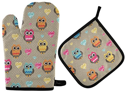 Ofenhandschuhe Topflappen Set Bunte Süße Eulen Eule Und Farbige Herzen Hellbraun Kochhandschuhe Druck Topfhandschuhe Grillhandschuhe, Für Küche, Cafe, Backen