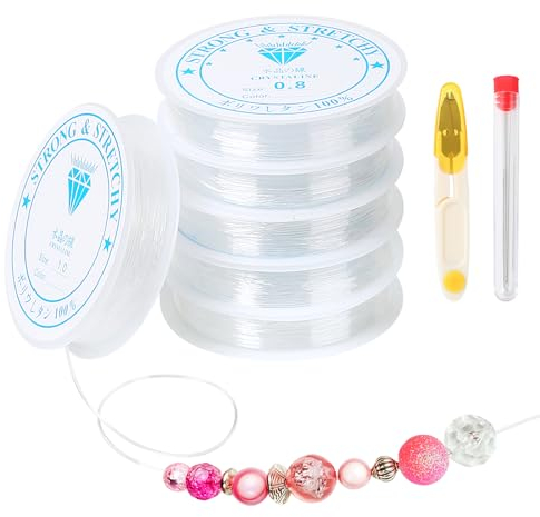 Furuising 6 Rollen Gummiband für Armbänder, 0.4mm-1mm Elastisch Schmuckfaden, Unsichtbar Armband Gummiband Elastisch, Transparent Nylonschnur mit 4 Perlennadel 1 Schere zum Perlen Auffädeln Basteln