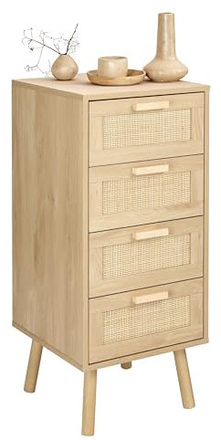 Finnhomy Rattan-Kommode für Schlafzimmer, hohe Kommode mit 4 handgefertigten Rattan-verzierten Schubladen für Schlafzimmer, kleiner Nachttisch mit Holzbeinen, Natur, F23RCOD1004U