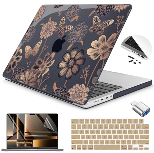 Teryeefi Funda para MacBook Pro de 14 pulgadas M5 M4 M3 M2 M1 (2021 2023 2024 2025) con cubierta de teclado, protector de pantalla y adaptador OTG, flor y mariposa
