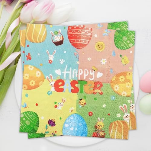 Servietten Ostern, 40 Stück Frohe Ostern Servietten, Ostereier Einweg Papierservietten, Frühling Osterhase Servietten, Kinder Osterservietten für Kindergeburtstag, Ostern Party Tischdeko