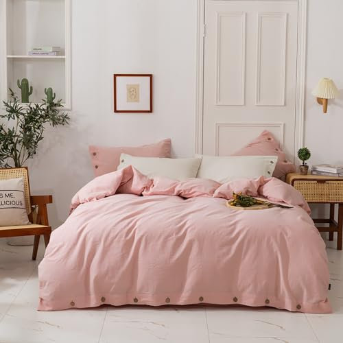 Joanna&Season Housse de Couette Lin and Coton Lave, 200x200cm 2 Personnes et 2 x Taies d'oreiller 50x75cm,Fermeture à Bouton,Rose foncé.