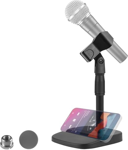Geekria for Creators Telescoping Tabletop Microphone Stand Compatible with SAMSON Q2U, Q7x, Q8x, Shure SM57-LC, Sm58, PGA48, BETA 57A Desk Mic Holder and Phone Holder