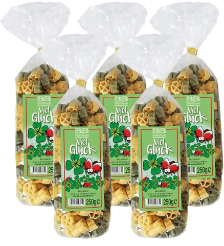 Bull & Bear bunte Kleeblatt Nudeln, 5x 250g, Motivnudeln aus Hartweizengrieß, handgefertigt in deutscher Manufaktur, Pasta Geschenk