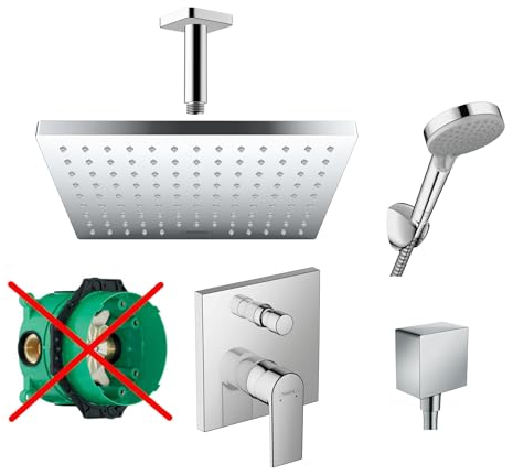 Hansgrohe Duschsystem mit Unterputz Duscharmatur von Hansgrohe Regendusche mit Armatur, Duschkopf eckig, Deckenarm Dusch-SET HGK02-ob poliert