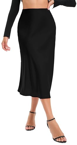 Timuspo Midirock Schwarzer Satin Rock Lang Damen Hohe Taille Elastische Elegante Langer Luftiger Sommerrock für Casual Business Party S