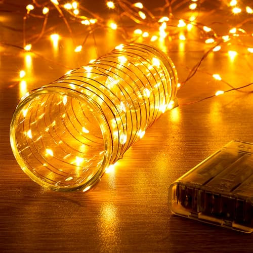 Ariceleo 1 paquete de luces de cadena de 16.4 pies con temporizador, color blanco cálido con modo de parpadeo sincronizado, luces de hadas alimentadas por pilas, 50 LED, ideal para Navidad,