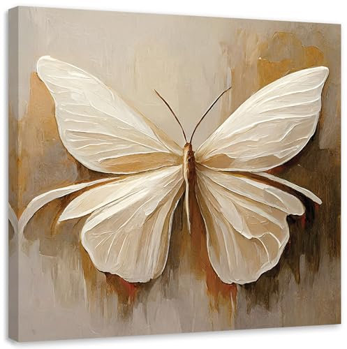 Feeby Wandbild - Wohnzimmer Modern Deko - Beige Schmetterling wie gemalt - 30x30 1tlg - Bilder Leinwand - Bild auf Leinwand Schlafzimmer - Leinwandbilder für die Wand - Canvas Painting - Fotokunst