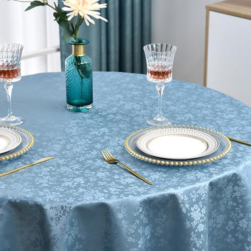 Romanstile Tischdecke rund 160 cm Wachstuch 350GSM Türkis Blau Blumen Tafelwäsche Table Cover wasserdicht Outdoor wetterfest deko für Gartentisch,Balkon,Frühling,Beistelltisch,Esstisch,Party,Draußen