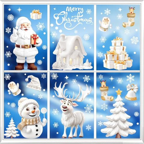 Aonveki Fensterbilder Weihnachten Selbstklebend, 9 Blatt 3D Weihnachts Fensterbilder Kinder, Weihnachtsdeko Fenster, Wiederverwendbare Winter Weihnachten Fenster Deko