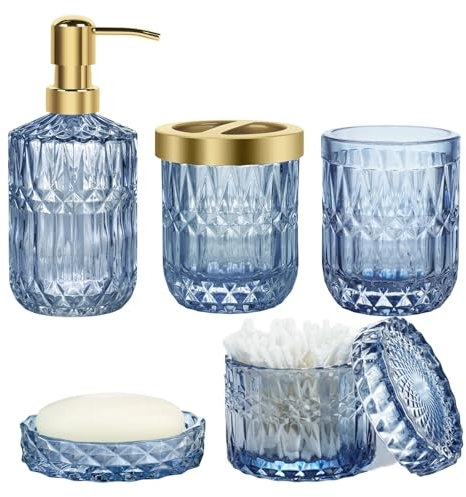 Blaues Badezimmer-Zubehör-Set, 5-teiliges Glas-Badzubehör-Set mit Lotion-Seifenspender, Seifenschale, Zahnbürstenhalter, Badezimmerbecher, Wattestäbchen-Gläser, Diamant-Dekor