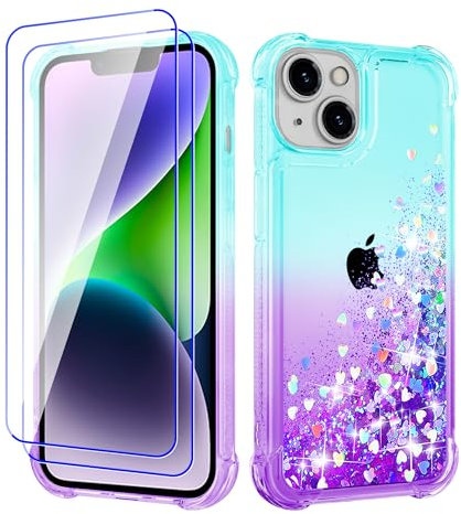 Pilaru Lovely for iPhone 13/14 Case[2 Screen Protector] Clear Liquid Heart Glitter Soft TPU Cover Transparent Girly Shockproof Protective Phone Case for iPhone 13/14,Green-Purple