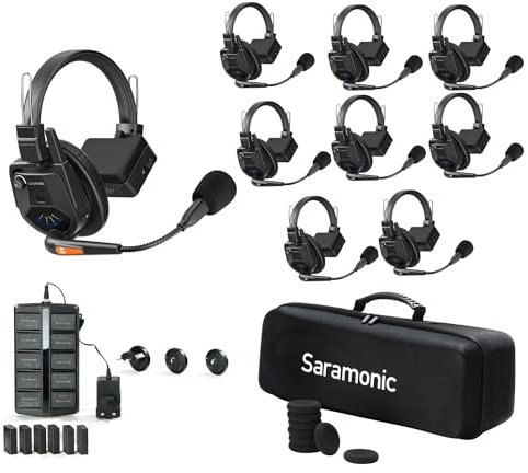 Saramonic WiTalk9-8S Système d'interphone sans fil duplex intégral pour 8 personnes 1,9 GHz avec casque à une oreille, portée de 500 m, extensible jusqu'à 30 utilisateurs, comprend 4 batteries,