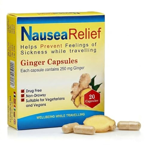 40 NauseaRelief Ginger Capsules Ginger Supplement, 250 mg, Helps Prevent Sickness and Vomiting While Travelling, Pack of 2X20 Ginger Capsule Food Supliment Units, Ginger Root Capsules