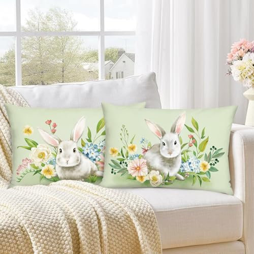 Bonhause 2er Set Kissenbezüge Hase 30 x 50 cm Kaninchen Blumen Grün Dekorative Kissenhülle Zierkissenbezüge für Sofa Schlafzimmer Zuhause Garten Dekoration