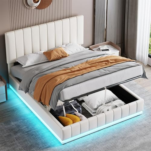Ottoman Bed King Size, 5ft Bed Frame with LED Light, PU Leather Upholstered Storage Bed with Hydraulic Storage, King Bed with Adjustable Channel Tufted Headboard, No Mattress, White
