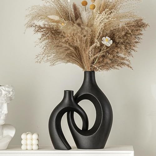 Keramik Vase, SUKIYPO Aufgewertet 2er Set Hohle Schwarz Moderne Vasen für Nordisches, Groß Vasen Deko, ästhetische Boho Blumenvasen für Zuhause, Wohnzimmer, Büro, Bauernhaus, Couchtisch Dekoration