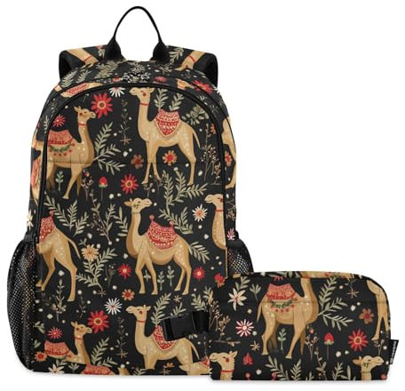 miaozhen Rucksack mit weihnachtlichem Blumenmuster, Kamel, für Schule und Mittagessen, Büchertasche und Lunchbox, Jungen, Schulrucksack mit Lunchbox, 9–10 Jahre, Weihnachtliches Blumenmuster, Kamel, 1