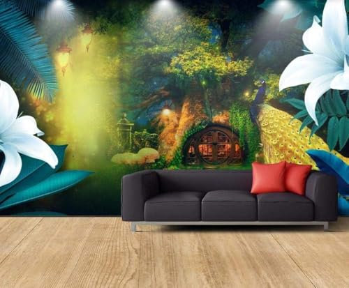 Grüner Baum Wald Baumhaus Pfau 3D Tapete Büro Wohnzimmer Sofa Schlafzimmer TV Hintergrund Wand Dekoration-200cm×140cm