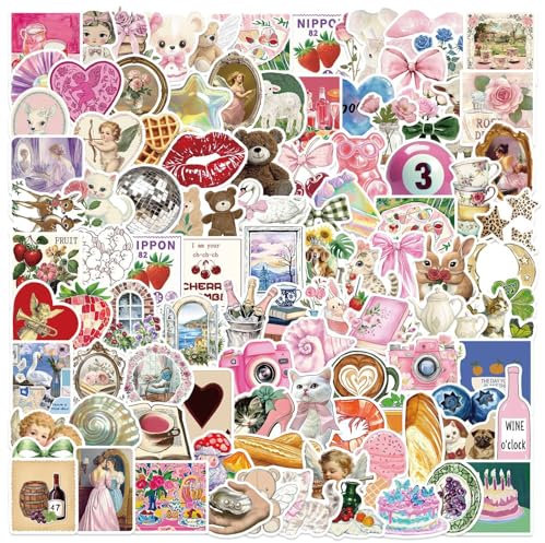Y2k Rosa Aesthetic Aufkleber 100 Stück Wasserdichte Niedlich Trendy Aufkleber für Laptop Scrapbook Skateboard Telefon Gepäck Motorrad Auto,Vinyl Funny Kawaii Sticker für Kinder Erwachsene Mädchen