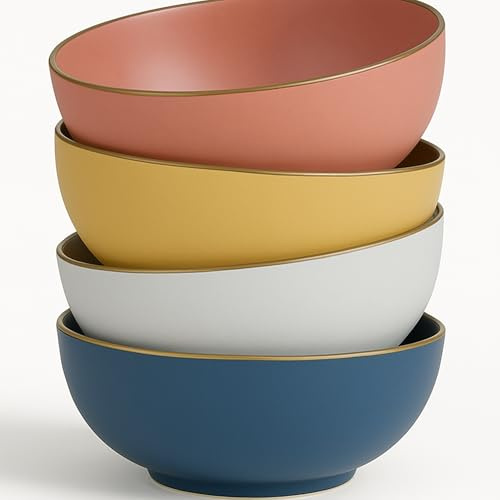 4 Cuencos De Cerámica 500 Ml - Set De 4 Bowls con Borde Dorado y 4 Colores Diferentes, Ideal Para Sopas, Ensaladas, Postres Y Desayunos, Diseño Moderno Y Elegante. Bols Medianos de Medio Litro