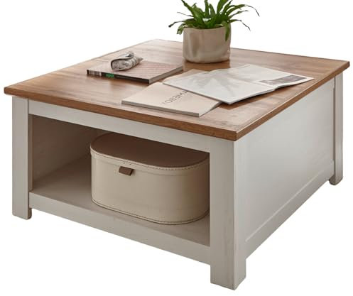 Furn.Design Couchtisch in weiß Pinie, Eiche Wotan Landhaus, Beistelltisch mit Truhe und Ablage quadratisch 95 x 95 cm, Hemsby