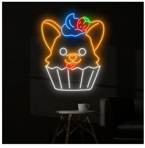 XENITE Hanging Art Neon Signs Corgi Cupcake Neon Sign Dog Sign Cake Bakery Coffee Shop Wall Art Decor Kids Baby Game Room Bedroom 40x32cm