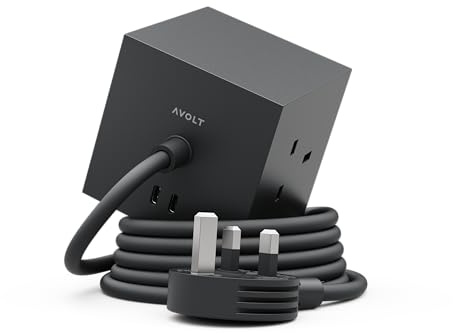 Avolt Square 1 Magnetic Extension Lead Cube, 1.8m, 3 UK Sockets, 2 USB-C | Stockholm Black – magnetic power cube, USB-C 30W charging; ideal for home offices and creative studios