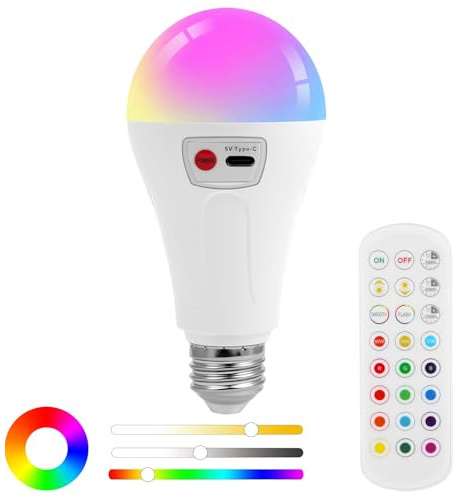 AUAUY Bombilla Recargable USB, E27 Bombilla con Mando, RGB LED Color Regulable a Pilas de 2000mah, 3 Temperaturas, 12 Colores Luz Emergencia para Hogar y Exterior
