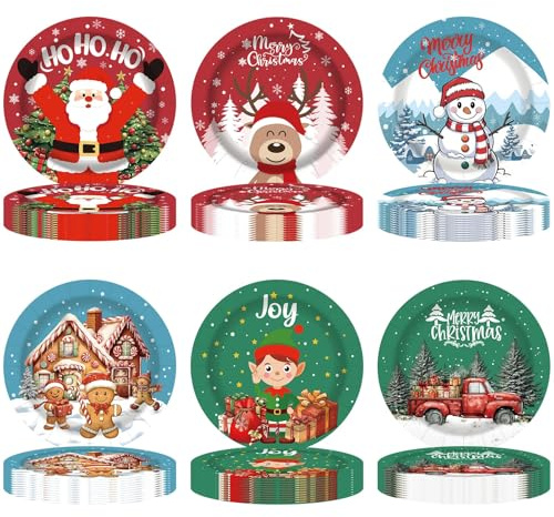 Alaiyaky Pappteller Weihnachten, 100/60 Stück Plätzchenteller Pappe Weihnachtspappteller 9 Inch Papierteller Weihnachten mit Santa Schneemann Elch, Weihnachtsgeschirr Set für Tischdeko (Stil C)