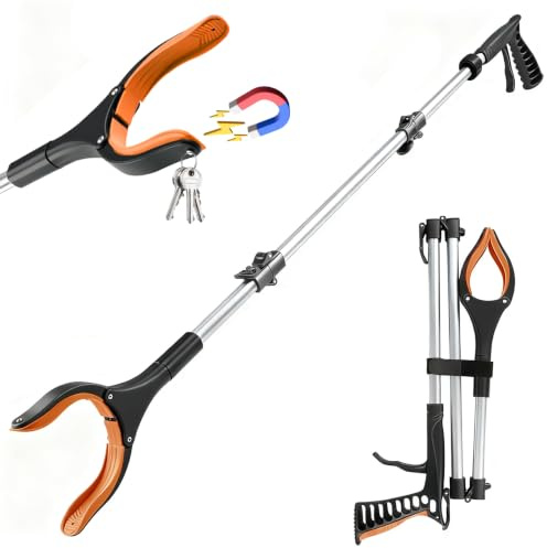 Foydream Grepptång för seniorer, 110 cm soptång med teleskopstång, fällbar med magnet för seniorer, funktionshindrade, gravida, avfallssamling, trädgård (orange)