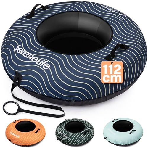 SereneLife 44'' Snow Tube for Sledding - Heavy Duty Rubber Inner Tube, Oxford Cover, Thickened PVC Bottom & Tow Strap - Inflatable Snow Sled for Kids & Adults - Perfect Winter Outdoor Fun Gift