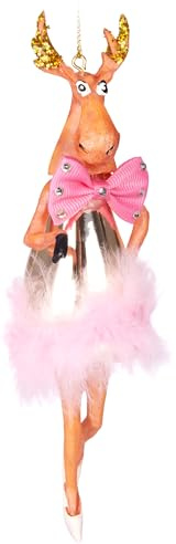 BRUBAKER Elch mit Feder Tutu Rock und Schleife Rosa - Handbemalte Weihnachtskugel aus Glas - Mundgeblasener Christbaumschmuck Figuren lustig Deko Anhänger Baumkugel - 18 cm