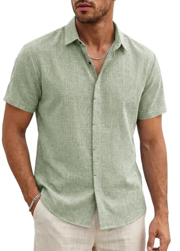 Runcati Camicia da uomo a maniche corte, leggera, estiva, da uomo, vestibilità normale, in lino, per matrimonio, business, spiaggia, per il tempo libero, casual, tinta unita, verde, L