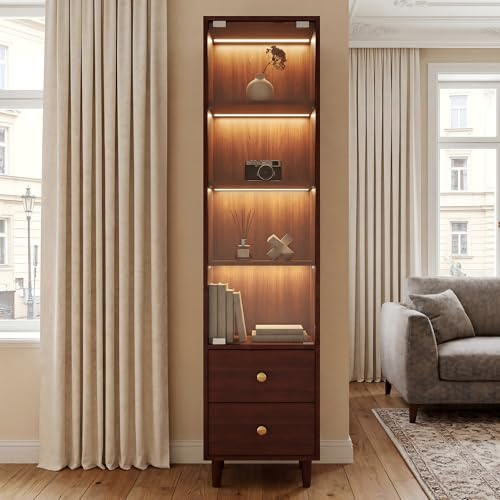 IANIYA Regal mit Glastüren & Stimmungsbeleuchtung, 165x40x35cm | Vitrinenschrank aus Holz mit 2 Schubladen, Modern Glasvitrine, Schmaler Wohnzimmerschrank für Wohnzimmer Esszimmer Braun.
