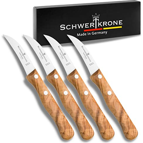 Schwertkrone Coltello verdura | Set di coltelli 4 pezzi in legno manico uliva | Solingen Germania | frutta coltello pelatura coltello di ulivo | inox lama curva