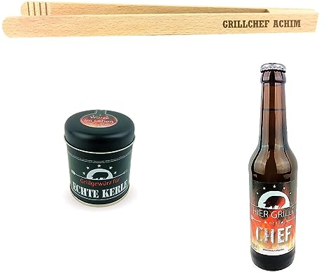 Geschenkset 3-TLG. „Nur für echte Kerle“ mit Bier „Hier grillt der Chef“, Grillgewürz und Grillzange mit Namens-Gravur Grillchef + Horst/Geburtstagsgeschenk/kreatives Geschenk/Männer/Grillen
