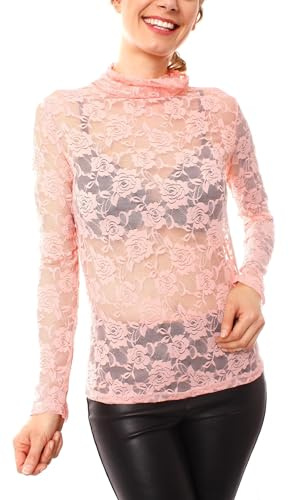 Easy Young Fashion - Damen Turleneck Langarmshirt mit Spitze - transparente Stehkragen Bluse - Skinny Fit 1096 (XS-M)
