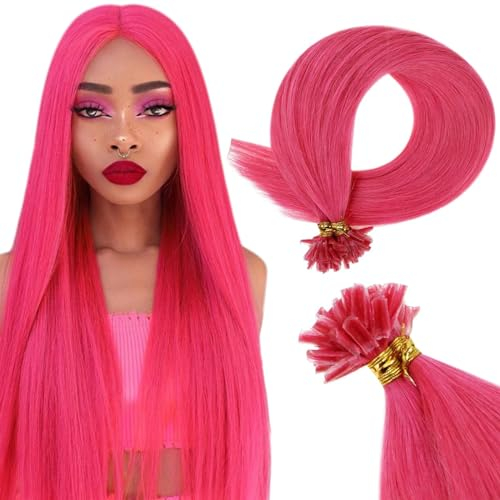 RUNATURE Rosa Haarverlängerungen Bonding Echthaar Extensions Rosa Remy Keatine Extensions Bondings U Tip Extensiosn Hot Pink Haarverlängerung Echthaar 35cm 14 Zoll 20g 25 Strähne