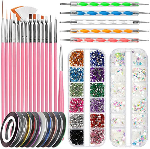 FANDAMEI Nail Starter Kit with Nail Gems - 15pcs Nail Pen Designer + 5pcs Dotting Tool + 10pcs Nail Striping Tape + 1 Box Nail Crystals + 1 Box Holographic Nail Sequins, Nail Art Brushes Set, Pink