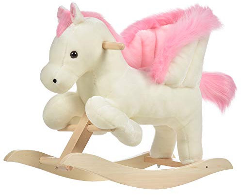HOMCOM Cheval à Bascule Fonction Musicale Selle Grand Confort Peluche Courte Douce Bois peuplier Blanc et Rose dim. 70L x 28l x 57H cm