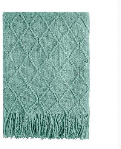 BOURINA Knitted Textured Throw Soft Sofa Blanket Turquoise 152x203cm | Soft textured solid knit fabric, decorative home throw, multi-use for sofa couch bed, lightweight warm, neutral home decor