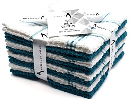 Penguin Home Premium Reusable Dish Cloth for Kitchen (30x30 cm, Pack of 8 Teal) - Eco Friendly & Sustainable 100% Cotton Kitchen Dish Cloths & Rags Super Absorbent & Fast Drying