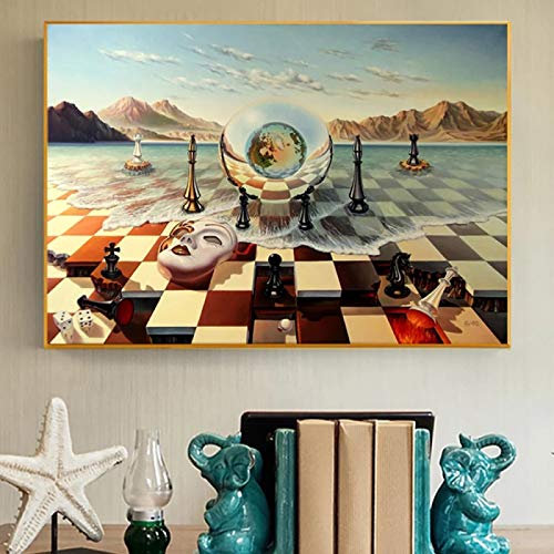 Jianghu Art Salvador Dali Surrealismus Schachmaske auf Meer Poster und Drucke Leinwand Gemälde Abstrakte Wandbilder Wohnzimmer Dekor 90x130cm Kein Rahmen