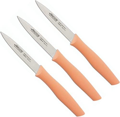 Arcos, Set 3 Couteau D'Office, Couteaux, Couteau à éplucher, Couteaux éplucher les pommes de terre, Acier inoxidable NITRUM, Lame 100 mm, Emballage écologique, Couleur corail 704800