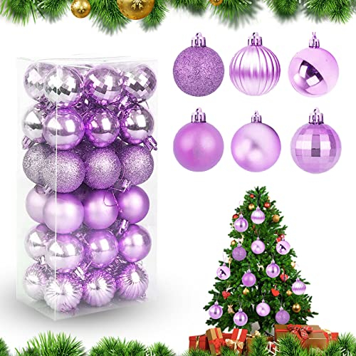 Feliciay Set di 36 palline di Natale assortite infrangibili per albero di Natale, decorazione da appendere, decorazione per feste, matrimoni (viola chiaro, 4 cm)