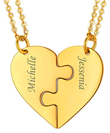 U7 2-Teilig Herz Partnerketten 18k vergoldet personalisiert Puzzle Anhänger mit 46+5cm Rolokette Gravur Namensketten Liebepaar Ehepaar Modeschmuck Accessoire für Weihnachten Valentinstag