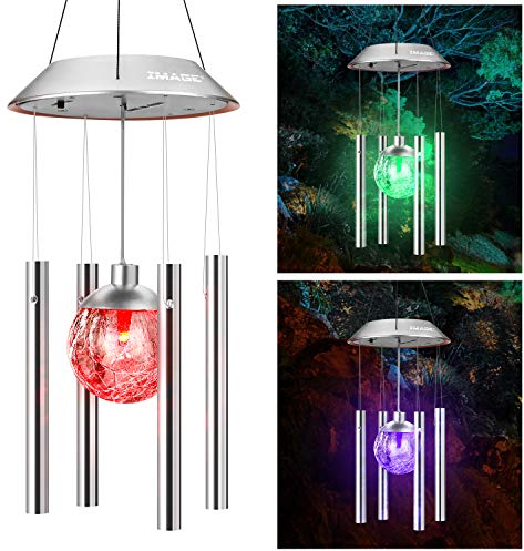 IMAGE Solar Windspiel im Freien Hängende Lichter Crackle Glas Ball Windspiel Farbewechselnde Lichter mit Metallrohr hängenden Garten Lichter für Patio Hof Home Decor Geschenke für Mama Frauen