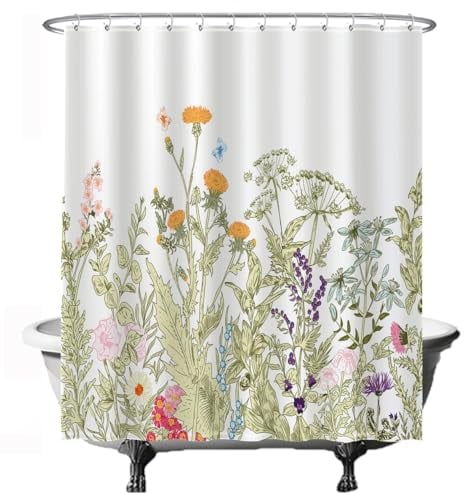Ulticool Duschvorhang - Natur Blumen Retro Vintage - 180 x 200 cm – Waschbar – Anti Schimmel - Wasserdicht - mit 12 Ringe - Grün Weiß
